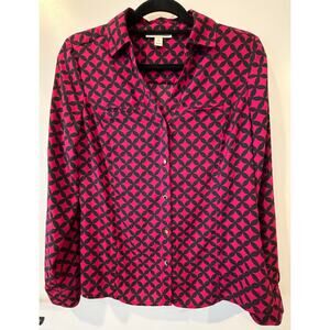Magenta & Black Dana Buchman Blouse Womens Small Gold Button Accent Lightweight
